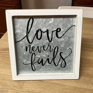 Hobby Lobby farmhouse rustic Love Never Fails Wall Art 8”x 8” inches